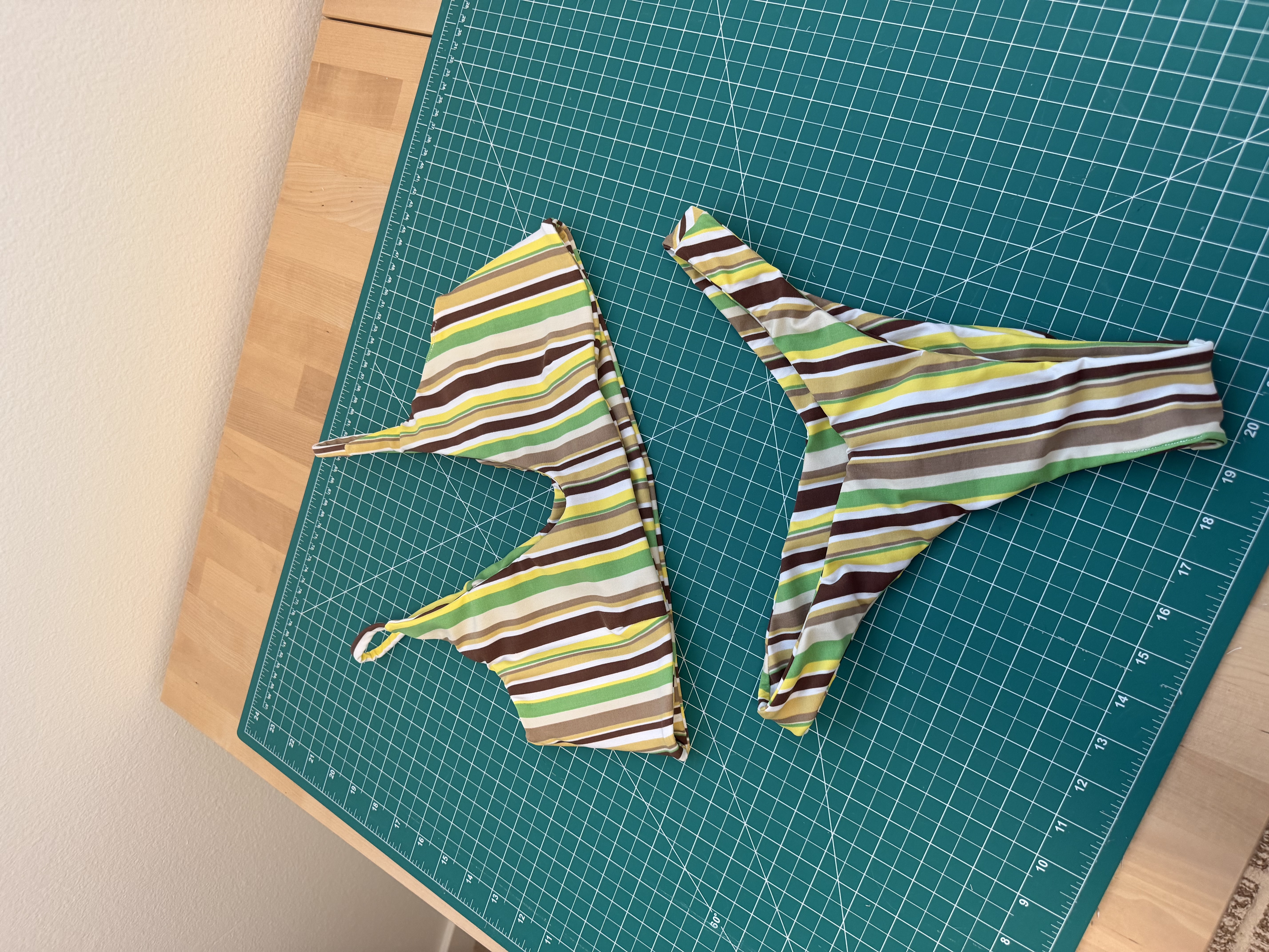 The finished striped Finley top and Roxy bottoms set laid out together
